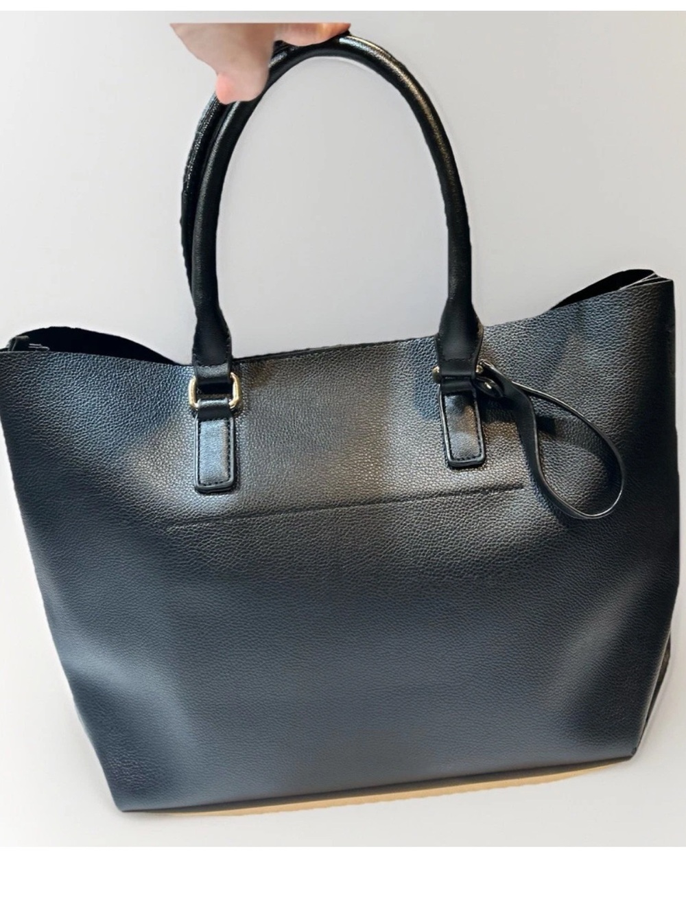 Large Black Vegan Leather Tote Structured Work Bag Gold Hardware Heavy Duty